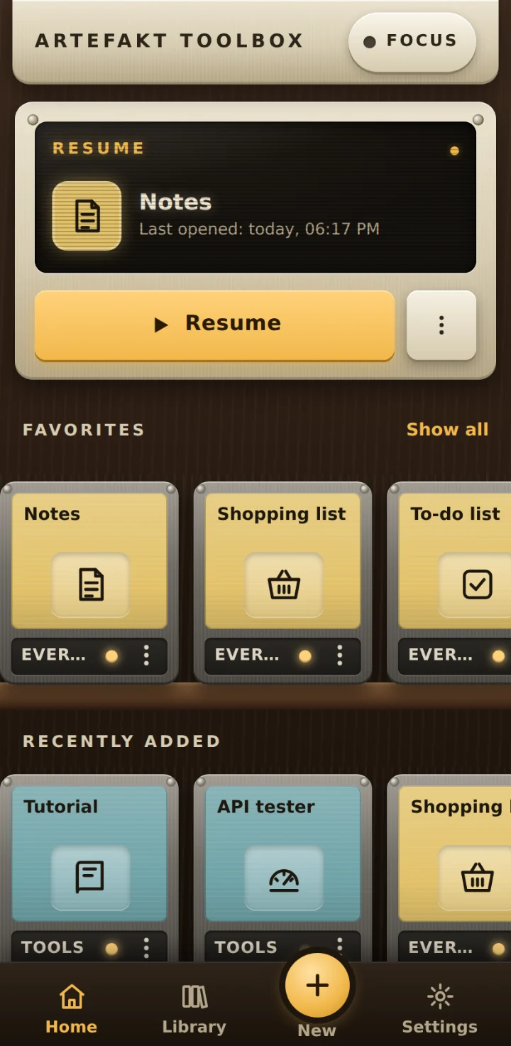 Toolbox home screen: a resume display and a shelf of tool cassettes